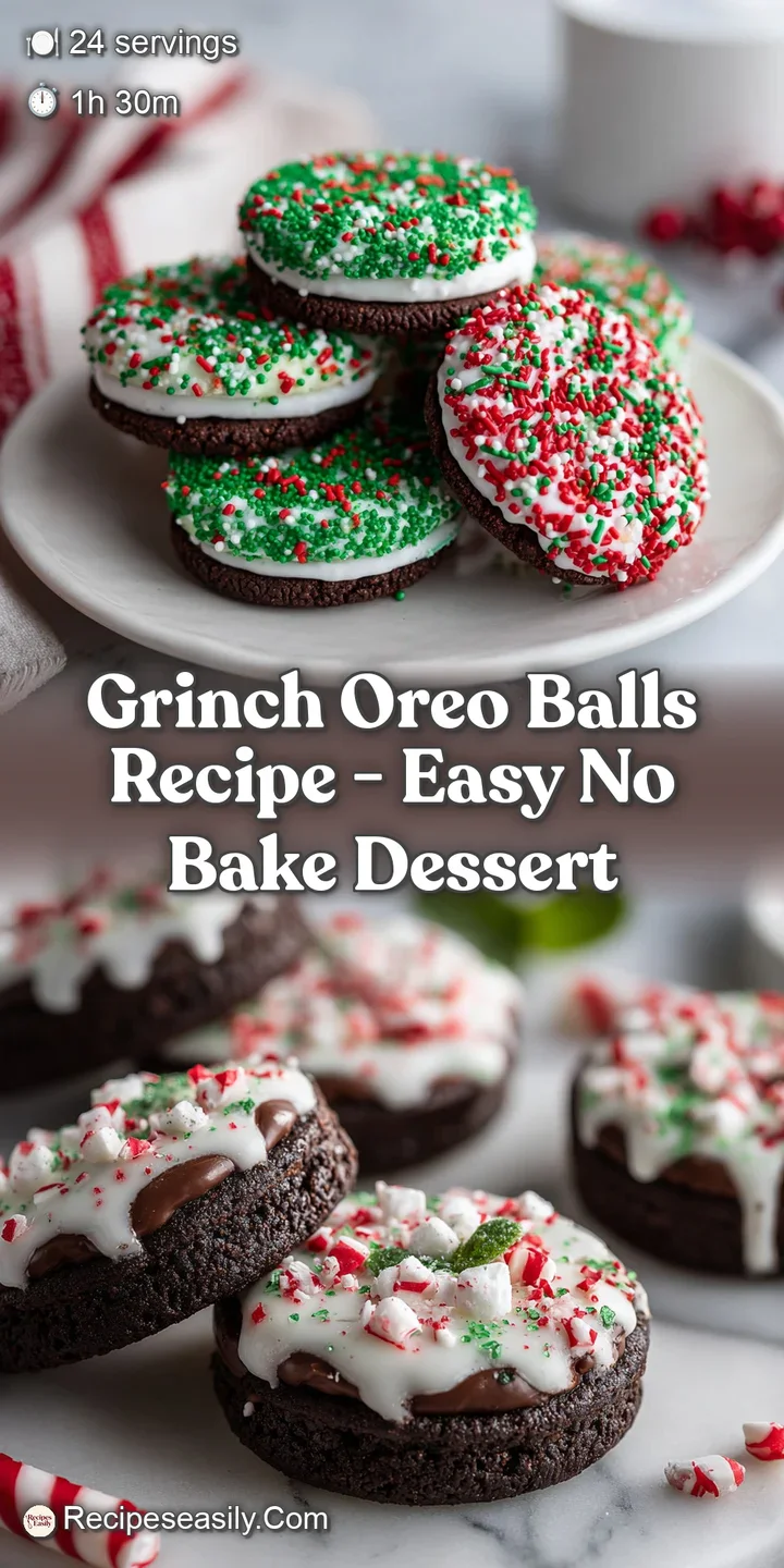 Close-up of a bright green Grinch Oreo ball coated in sprinkles. Sugary texture and slight imperfections suggest a homemad...