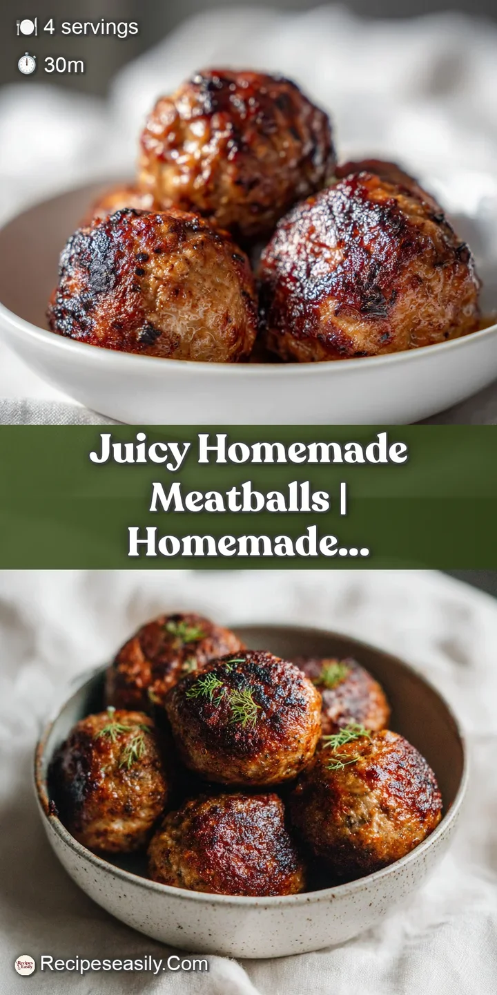 Close-up of a juicy, browned beef meatball with a glistening surface and steam rising from the tender center.