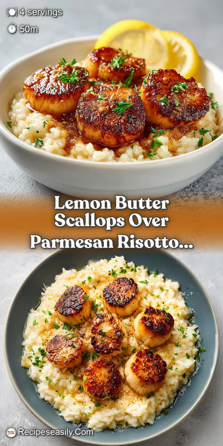 Close-up reveals tender, caramelized scallops glistening with a rich, lemony butter sauce over creamy risotto. Appetizing ...