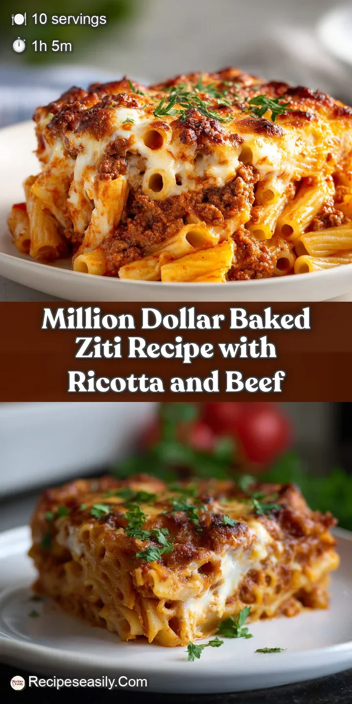 Close-up of a rich, cheesy baked ziti, highlighting the toasted top and the layers of pasta and tomato sauce.