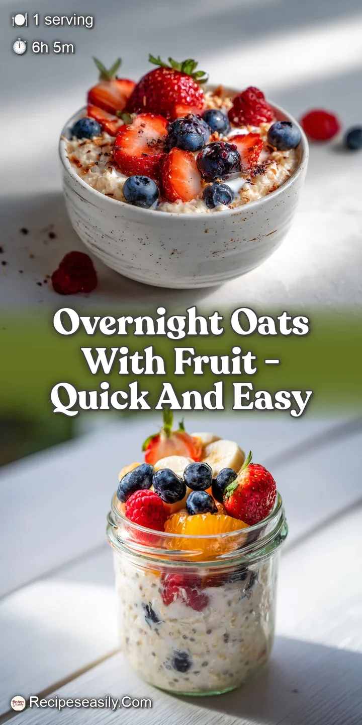 Close-up of overnight oats showcasing plump blueberries, raspberries, and sliced strawberries nestled in creamy oats and c...