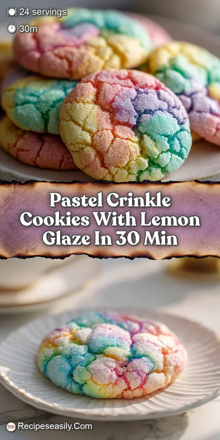 Close-up of a lemon-glazed pastel crinkle cookie. Cracks in the sugary shell reveal the soft, chewy interior.