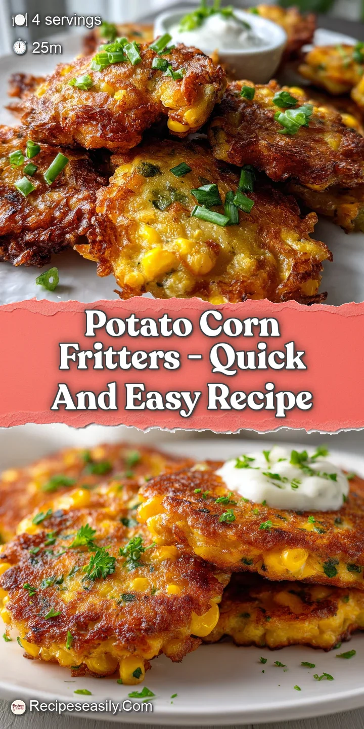 Close-up of a golden-brown potato corn fritter, showing crispy edges and visible corn kernels. A light dusting of herbs ad...
