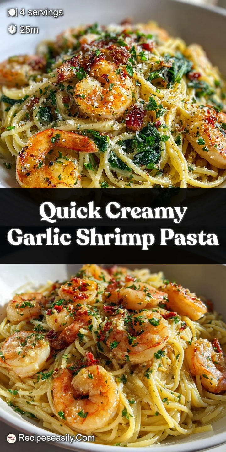 Close-up: Tender shrimp glistening with a creamy garlic sauce clinging to al dente pasta, hinting at a rich, flavorful exp...