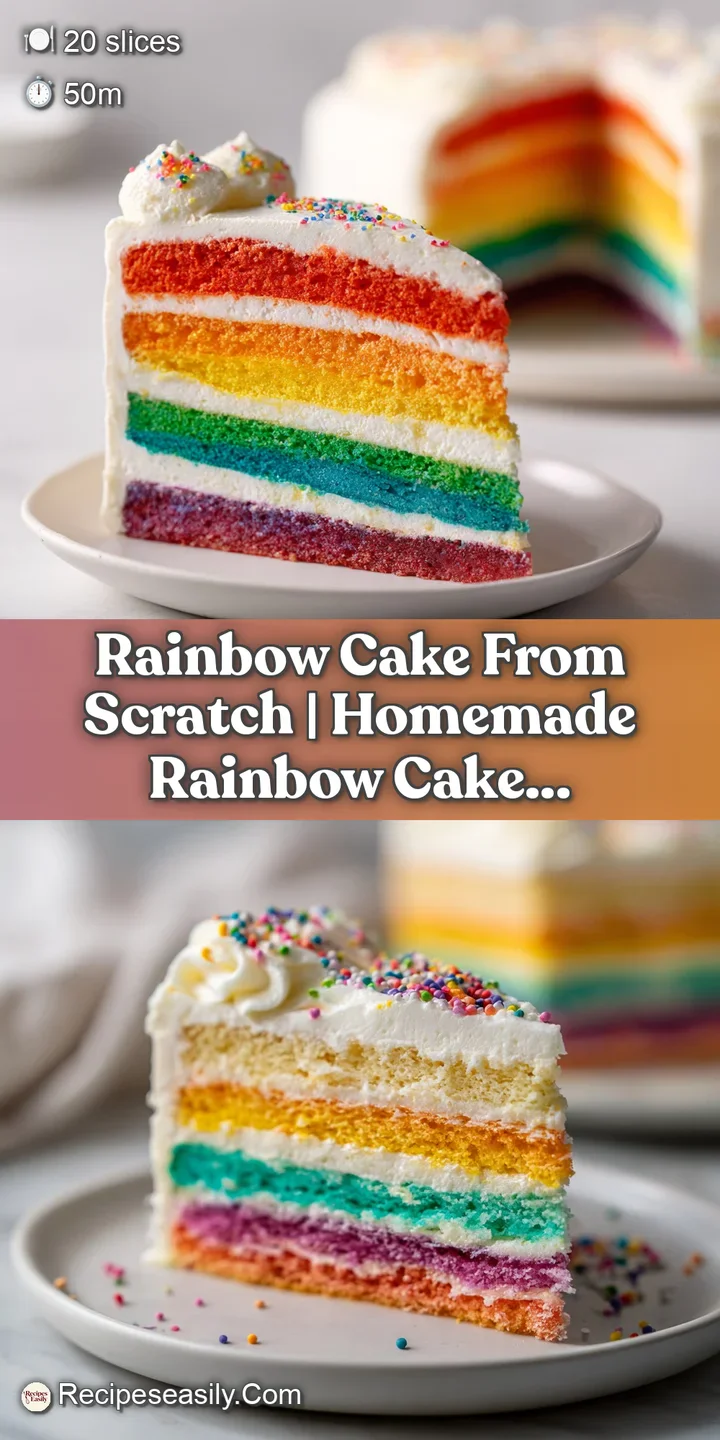 Close-up of fluffy, vibrant spectrum layers of cake topped with a thick swirl of creamy, velvety white buttercream.