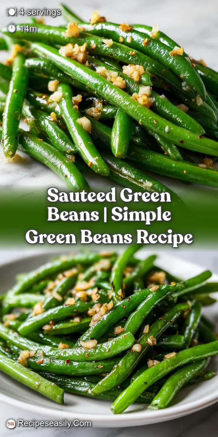 Close-up of crisp-tender green beans coated in shimmering butter and golden garlic bits with a light steam.