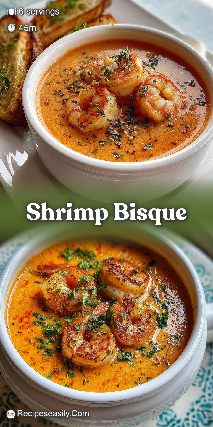 Close-up of velvety smooth shrimp bisque with a glossy sheen, hinting at rich flavor. Delicate herbs add a pop of color an...