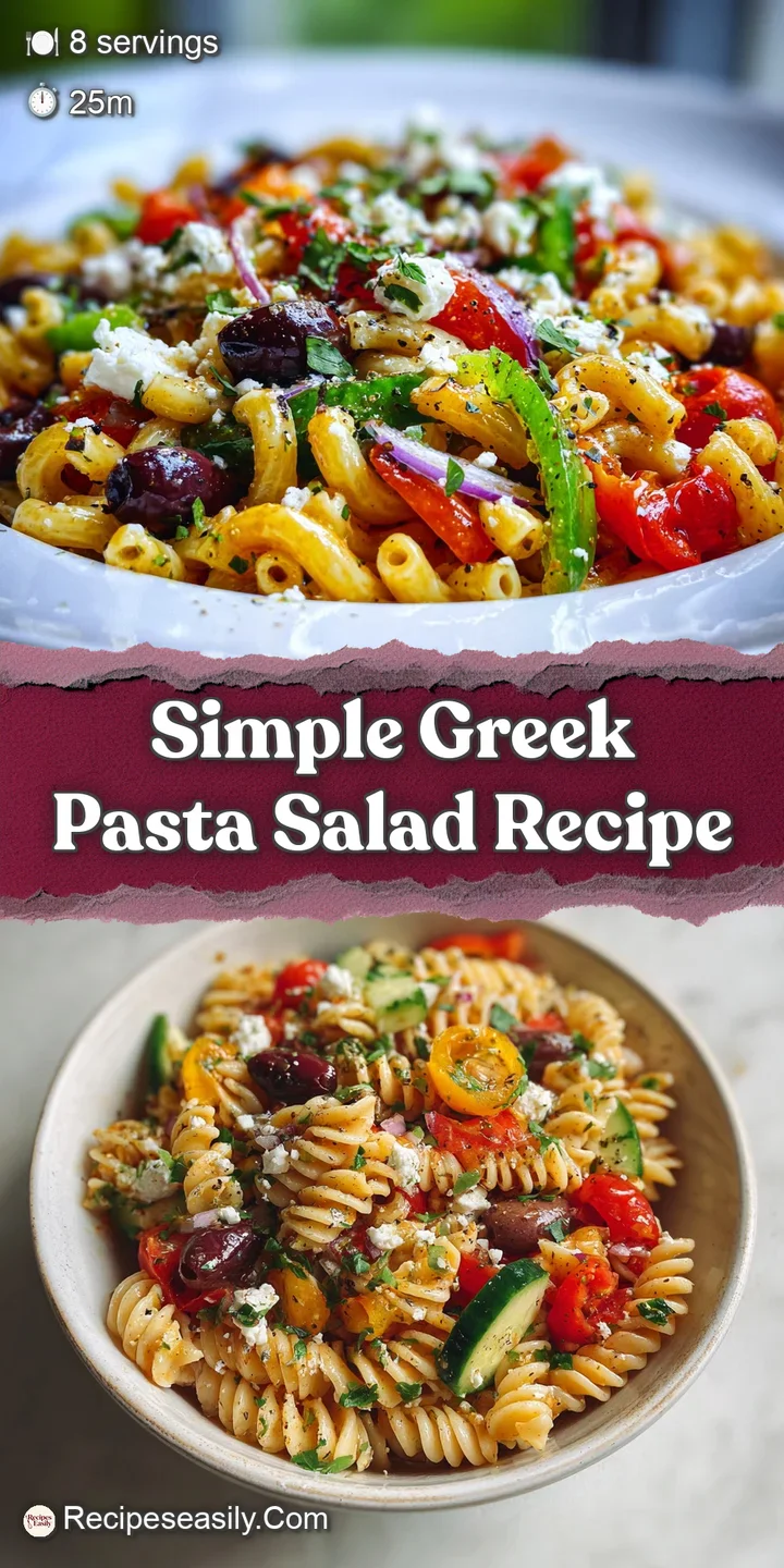 Close-up of Greek pasta salad showcasing the creamy feta, juicy tomatoes, and perfectly cooked pasta, glistening with oil.