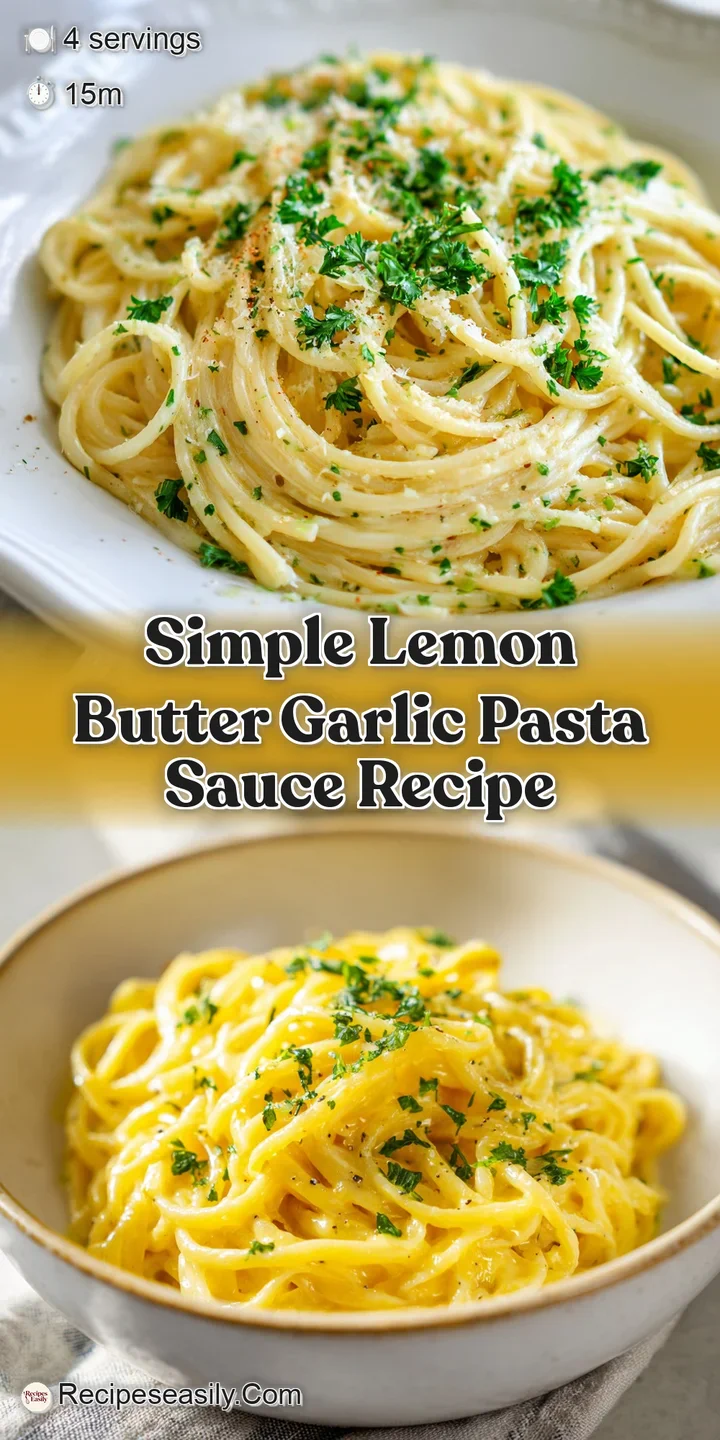 Close-up captures the sheen of lemon butter sauce coating al dente pasta, dotted with vibrant green herbs and minced garlic.