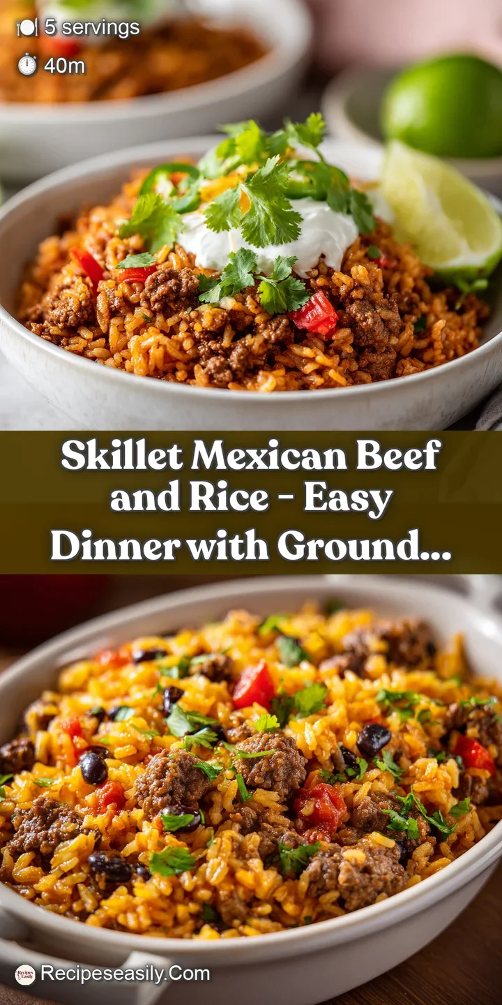 Close-up of seasoned ground beef mixed with fluffy rice, tender black beans, and bright diced peppers.