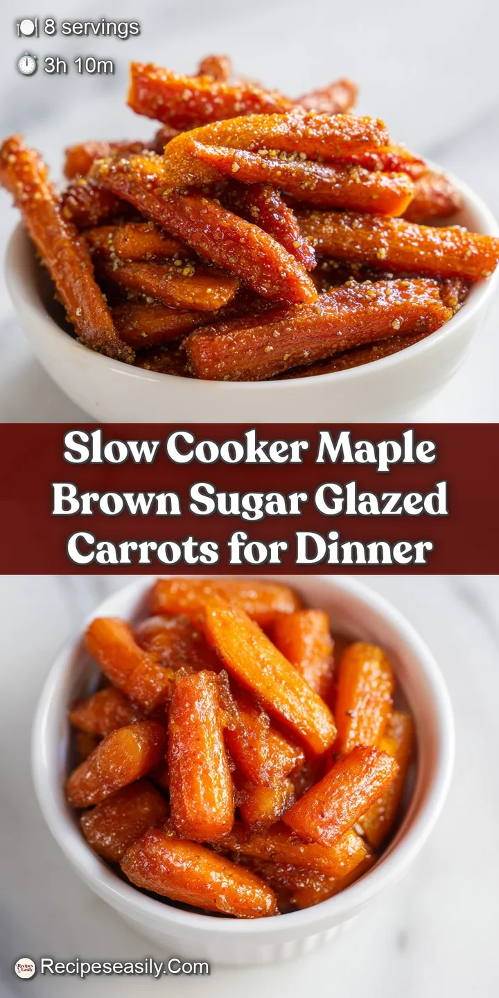 Close-up of glossy, maple-glazed carrots. The rich brown sugar glaze clings to each tender piece, hinting at sweetness and...