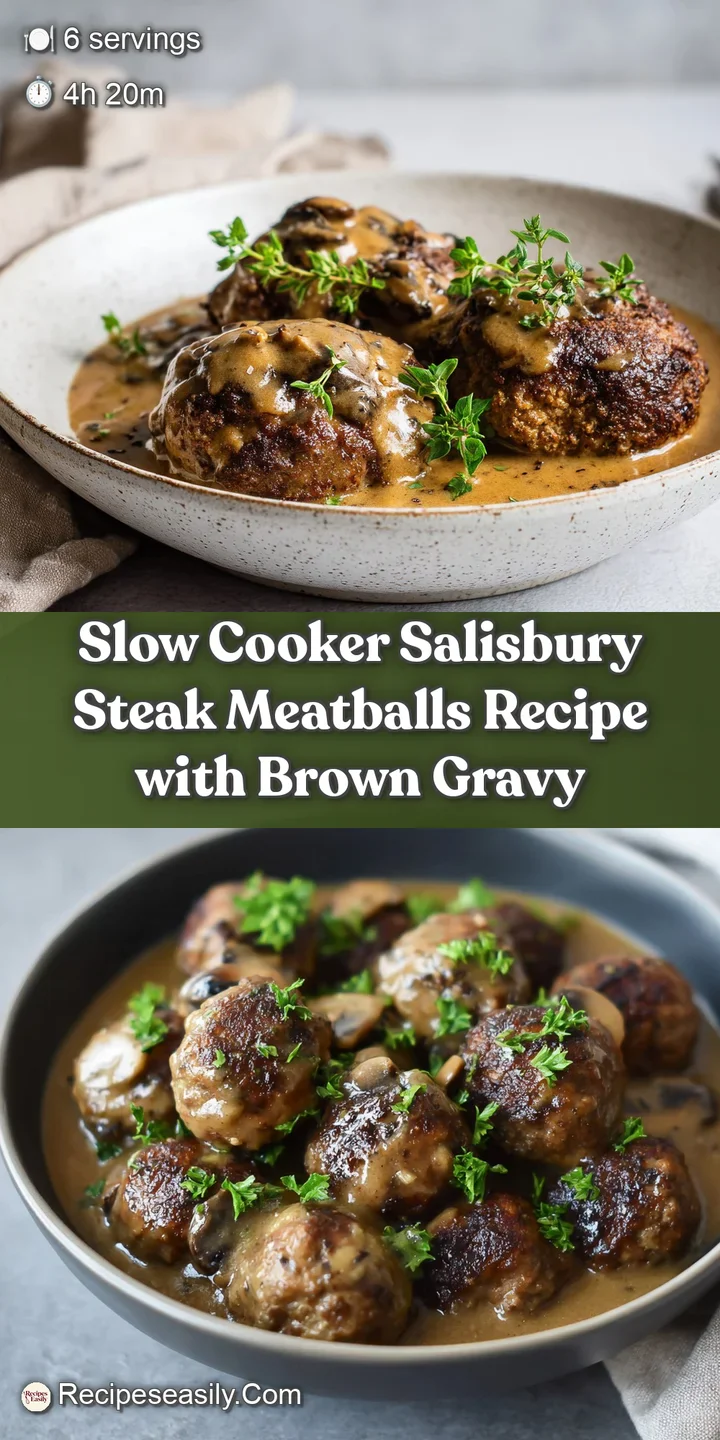 Close-up showcases the juicy, browned surface of a Salisbury steak meatball, bathed in thick, savory gravy. Appetizing com...
