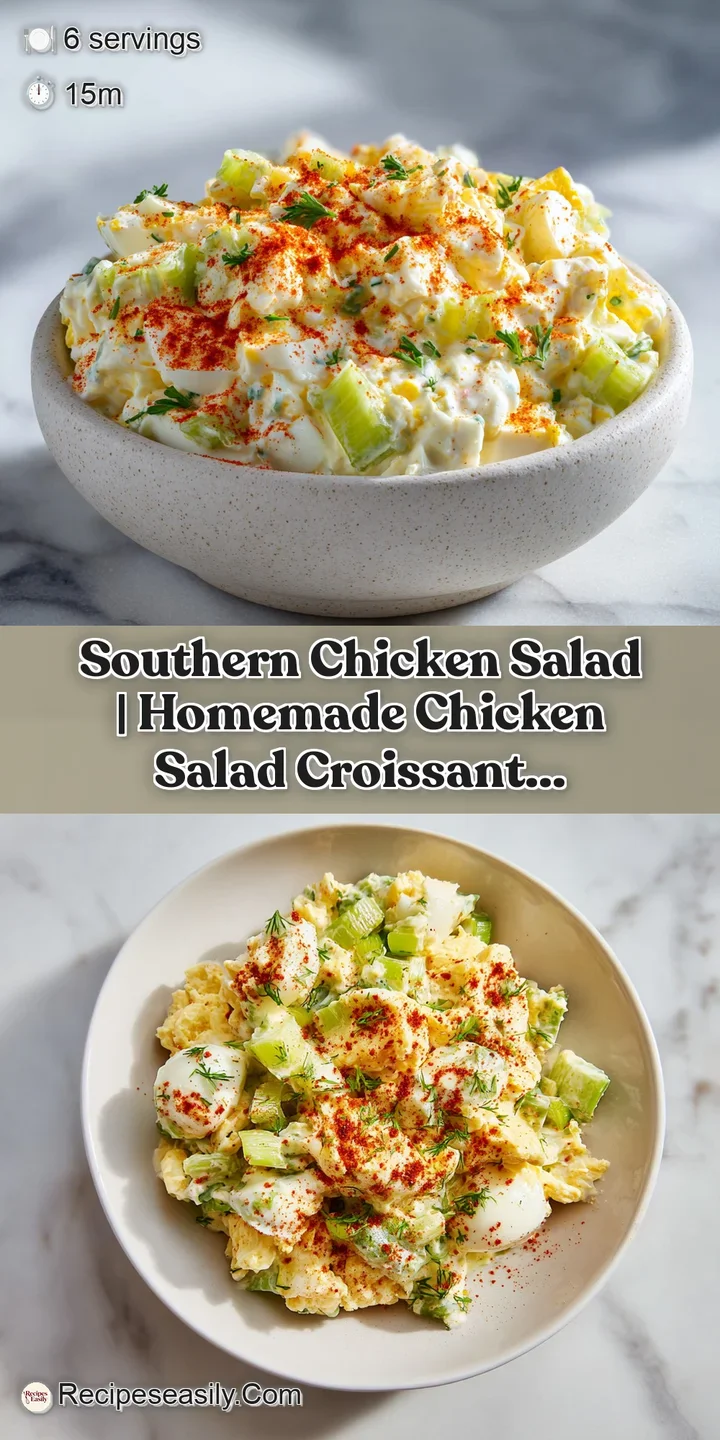 Close-up of tender chicken chunks and bright yellow egg bits coated in a rich, creamy dressing with fresh parsley.