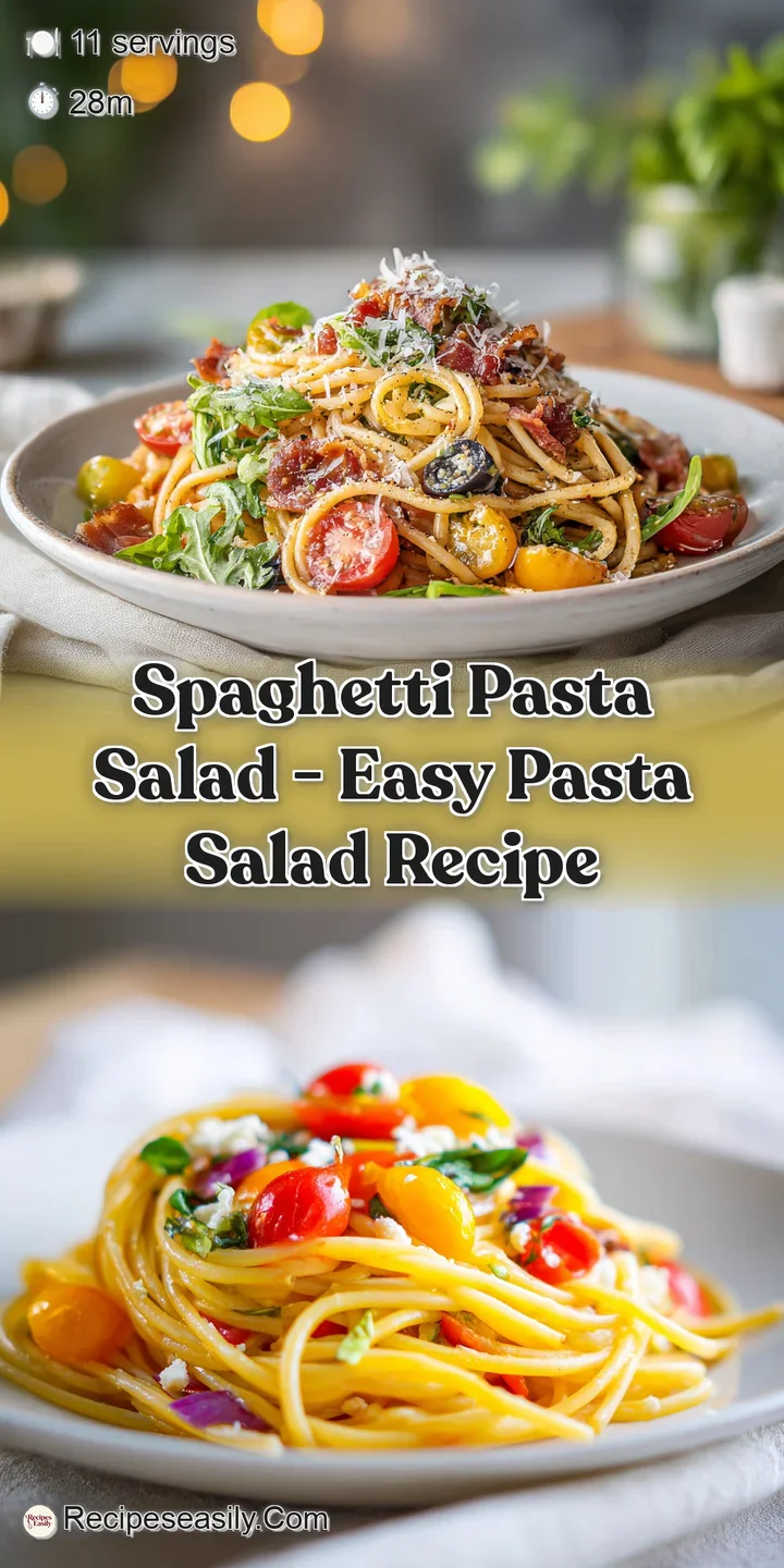 Close-up of tender spaghetti strands coated in a tangy dressing, with visible chunks of fresh vegetables.