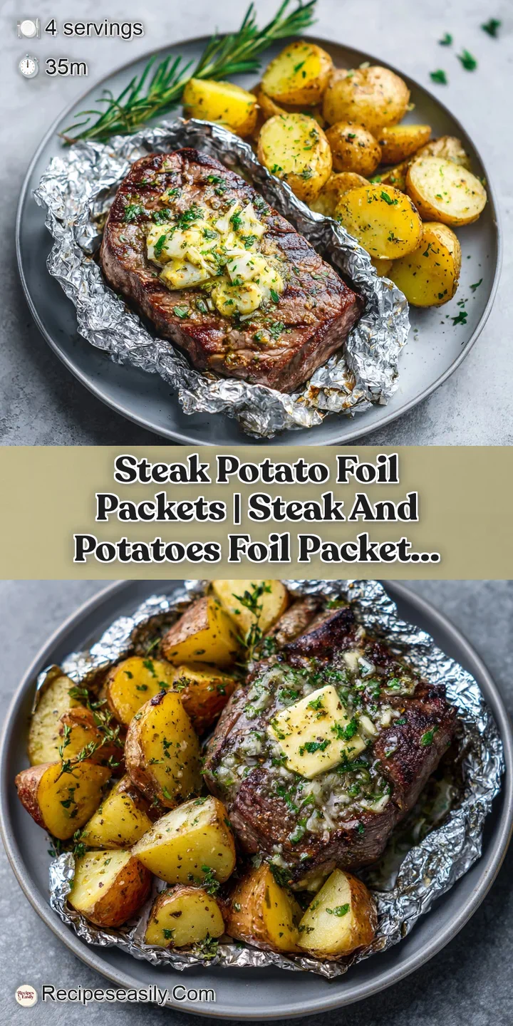 Close-up of bubbling garlic butter coating succulent steak pieces and fluffy potato chunks in a foil pack.