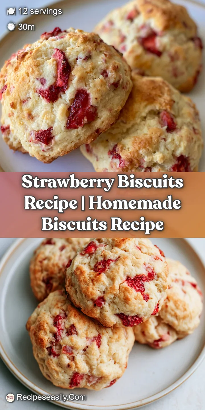 Macro shot of a fluffy biscuit split open to reveal a moist center with bright red strawberry pieces and melted butter.