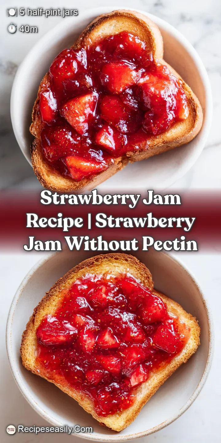 Macro shot of a silver spoon lifting shimmering red jam with chunky fruit pieces and a rich, glossy sheen.