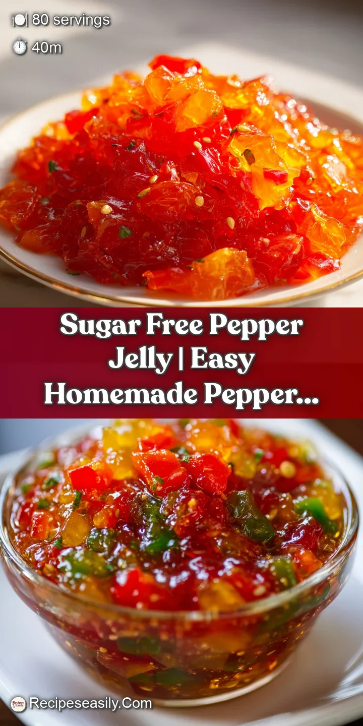 Close-up of thick, translucent pepper jelly with visible chunks of red bell pepper and seeds.