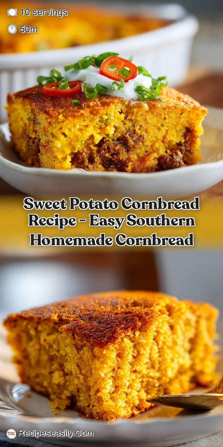 Close-up of a moist, textured cornbread with visible sweet potato flecks and tender corn