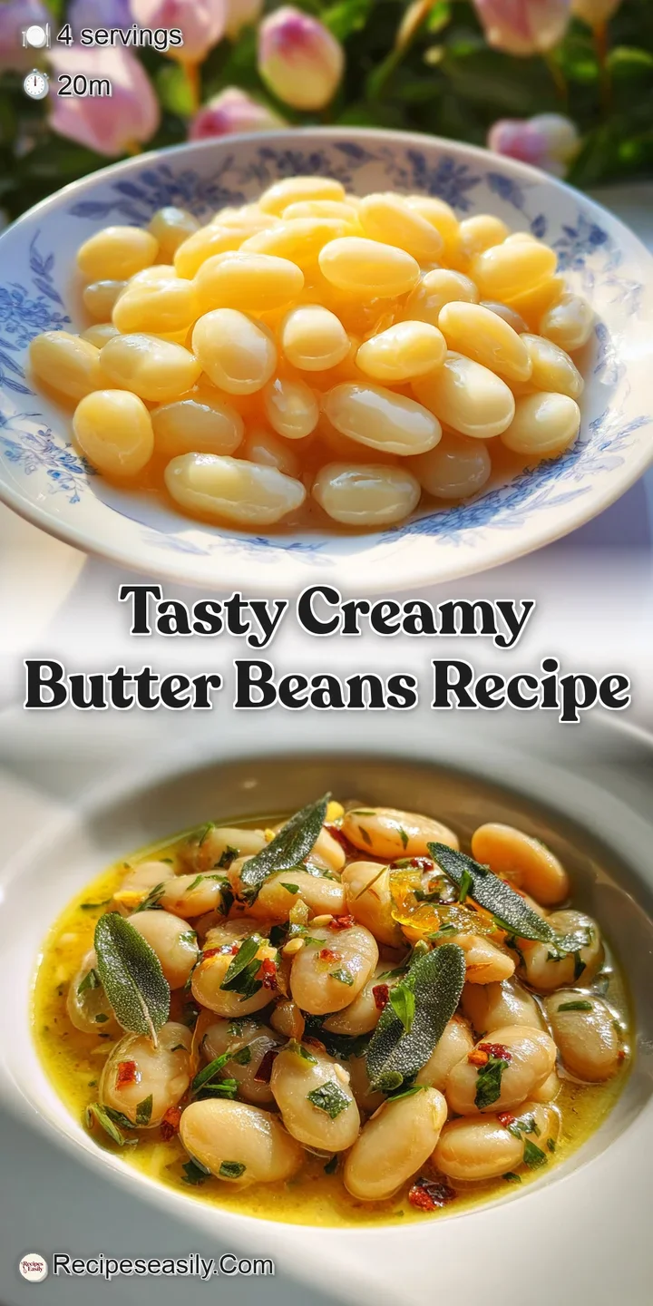Close-up of butter beans in a luscious, creamy sauce, highlighting the soft texture and vibrant green herbs scattered thro...