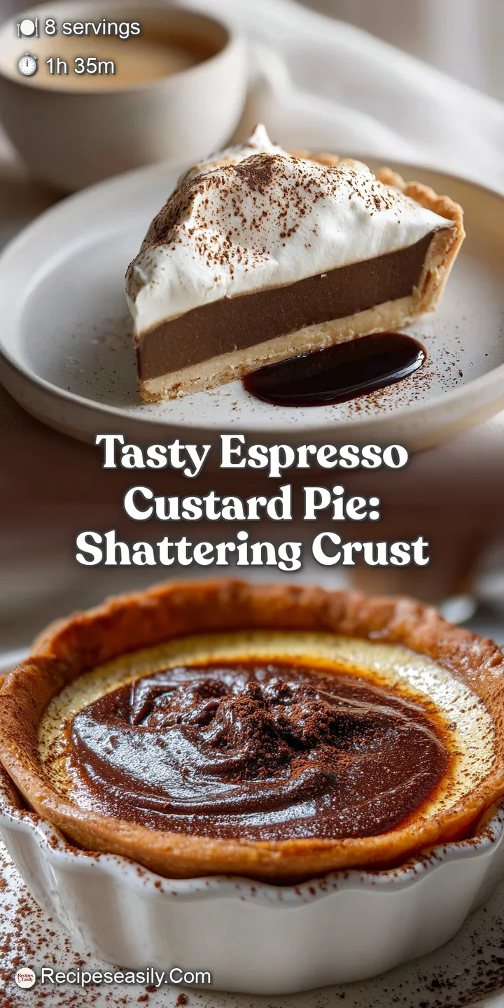 Close-up of glossy, dark espresso custard pie filling, a tantalizing swirl pattern, hinting at its creamy texture.