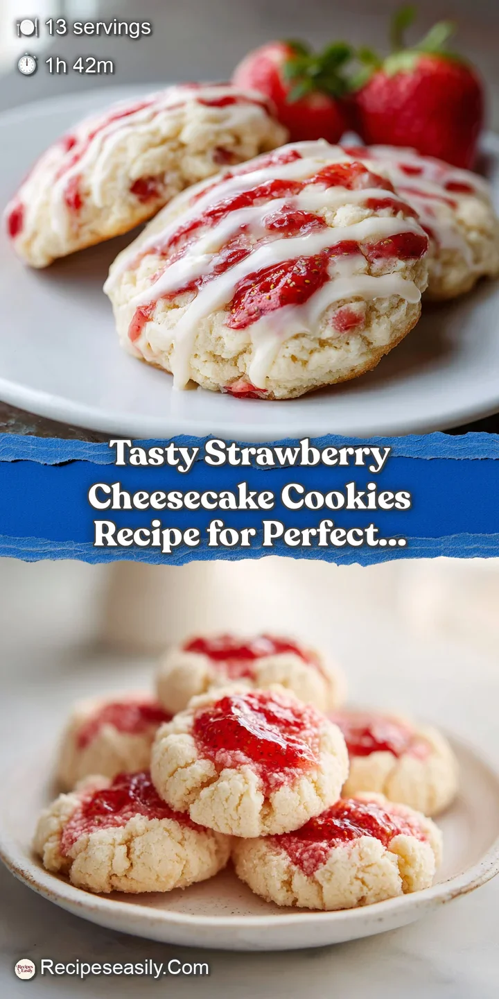 Close-up: soft, frosted strawberry cheesecake cookie. Swirls of pink frosting entice. Graham cracker crumbs add a sandy, a...