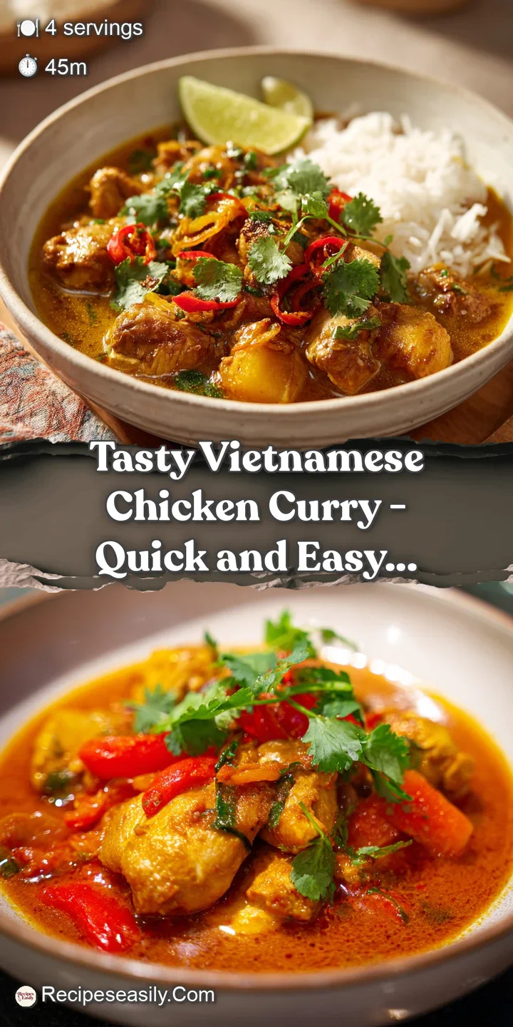 Appetizing close-up reveals the creamy texture and vibrant colors of Vietnamese chicken curry, inviting a delicious first ...