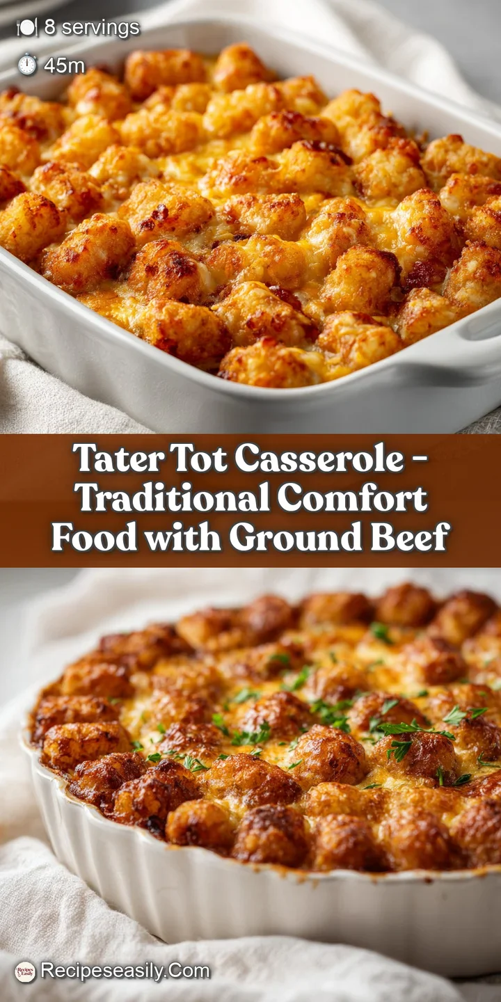 Close-up of crispy, golden tater tots with visible bits of savory ground beef underneath.