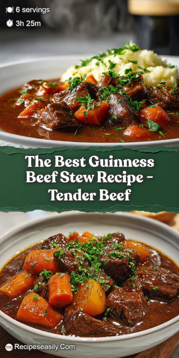 Close-up of luscious Guinness beef stew; tender beef chunks glisten in the dark, thick gravy with bits of bright orange ca...