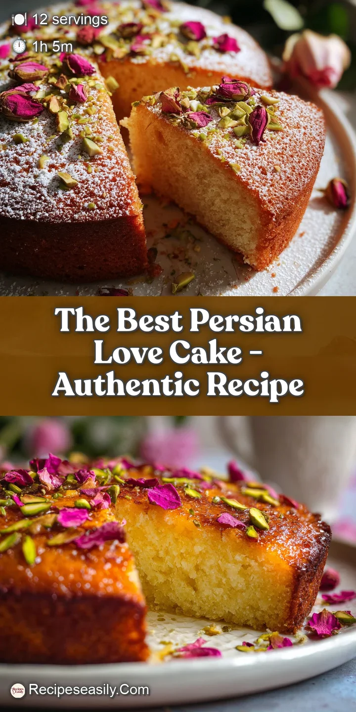 Close-up of moist, crumbly Persian Love Cake. Crumbs catch the light with flecks of green pistachios and crimson rose petals.