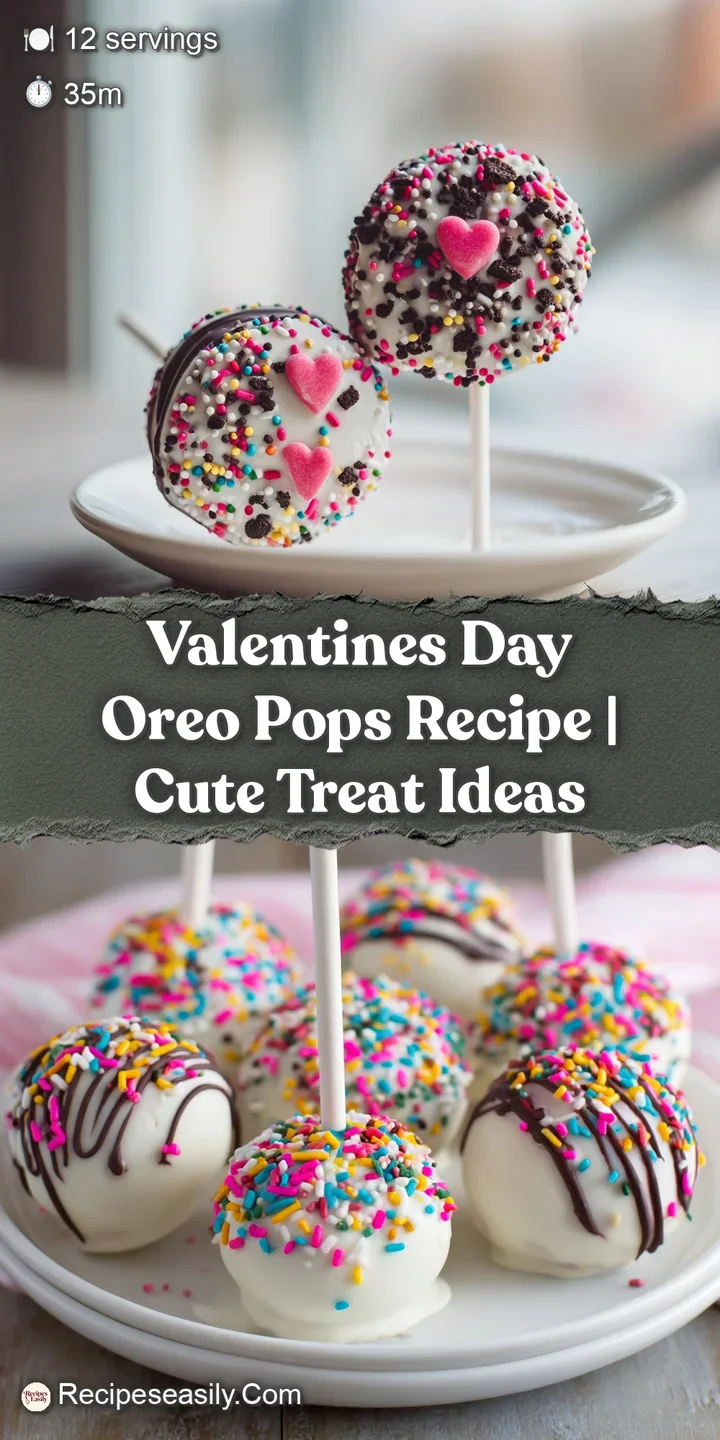 Close-up of an Oreo pop covered in glossy pink chocolate, speckled with colorful sprinkles, enticing treat for Valentine's...