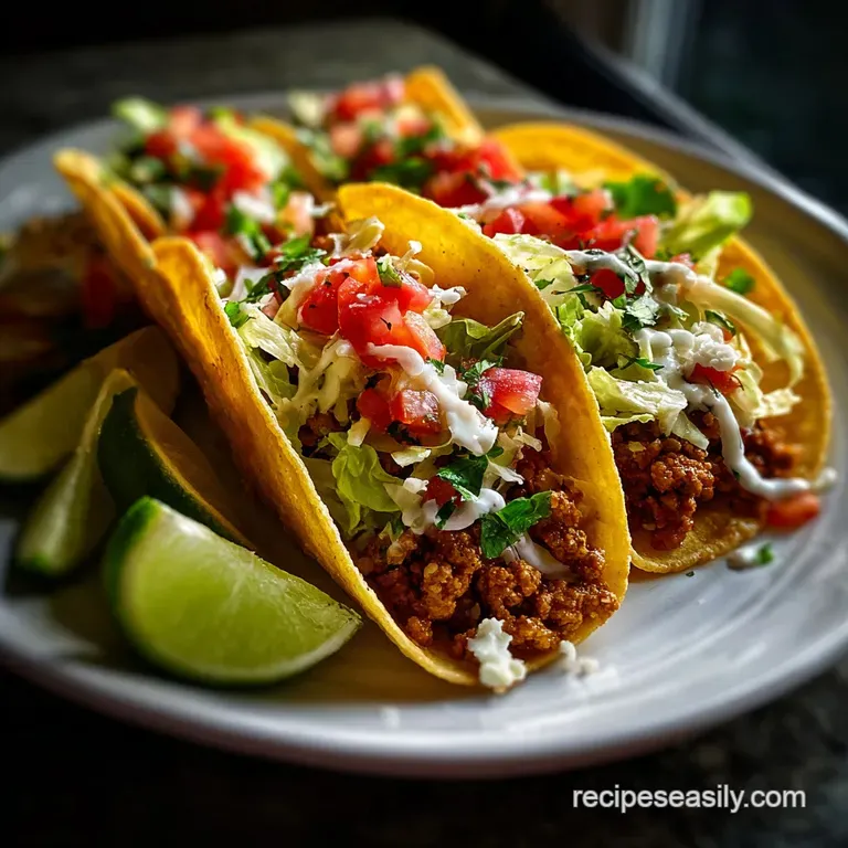 Stacked turkey tacos overflow with shredded lettuce, diced tomatoes, and a creamy white sauce on a white plate.