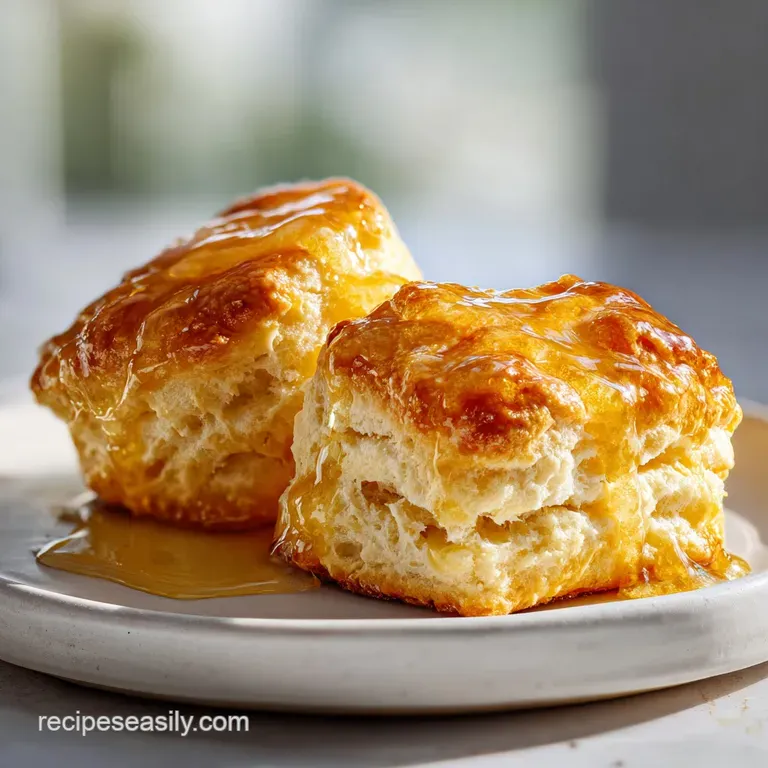 A stack of golden-brown flaky pastry rounds on a white porcelain plate with a small dish of honey on the side.