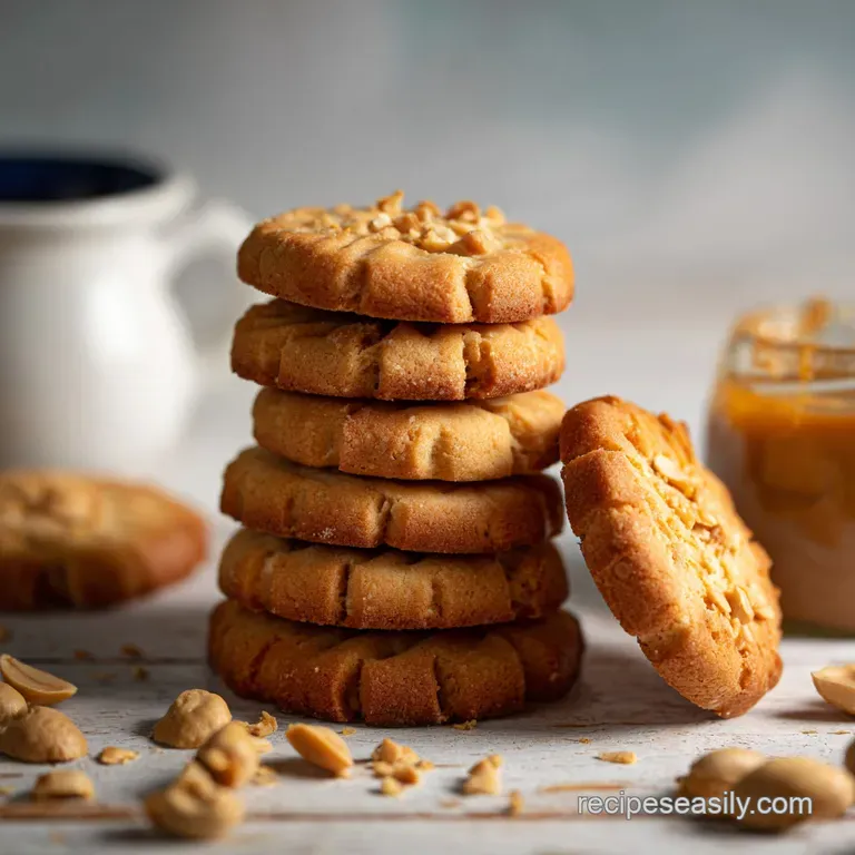 Neat stack of no-bake peanut butter cookies, golden-brown with visible peanut pieces, ready to be enjoyed on a white plate.