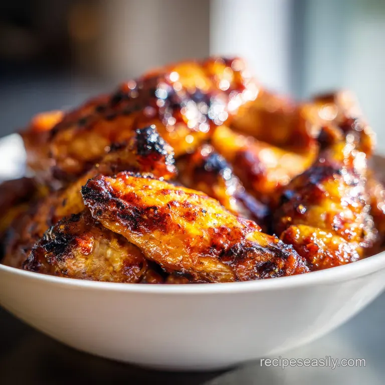 Glazed chicken wings arranged around a bowl of creamy white dip with crisp celery and carrot sticks on a tray.