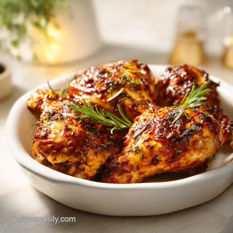 Perfectly air-fried chicken thigh on a plate, garnished with rosemary sprigs. Skin is crisp, meat tender. Lightly sauced.