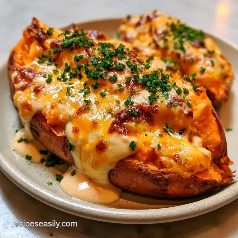 Two roasted orange potatoes topped with creamy filling and chives on a white ceramic plate with a side salad