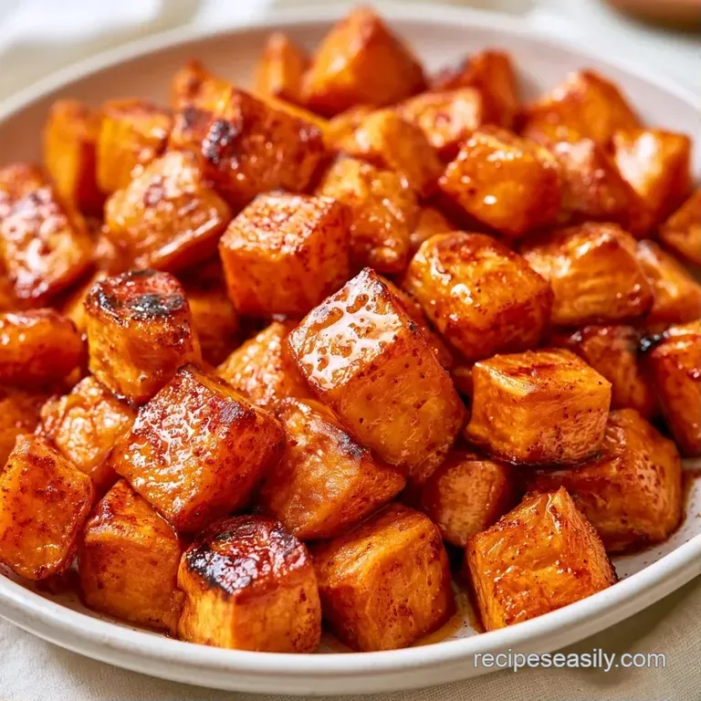 Neatly stacked orange potato cubes garnished with fresh parsley on a dark slate board with a side of creamy dip.