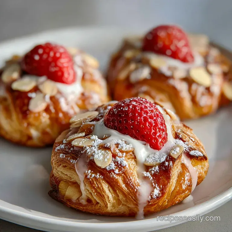 A single almond mascarpone Danish on a white plate, glistening with glaze and sprinkled with sliced almonds. Coffee cup in...