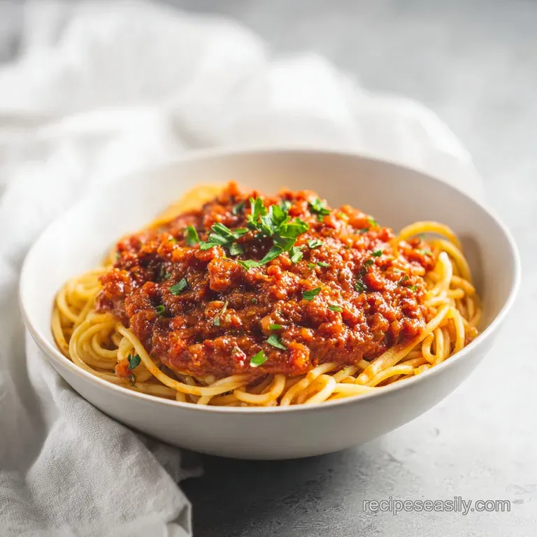 A swirl of hearty red sauce coats tender spaghetti, topped with grated Parmesan and fresh basil.