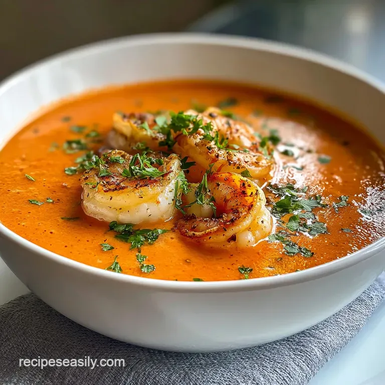 Elegant bowl of shrimp bisque topped with a vibrant orange shrimp, a drizzle of cream, and bright green herbs. Sophisticat...