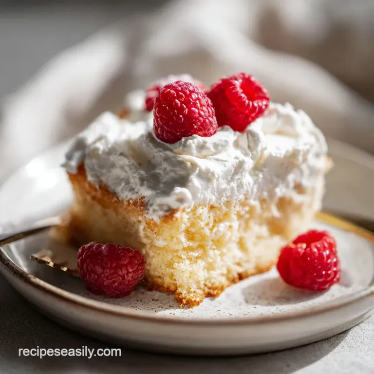 A slice of Tres Leches cake on a white plate, topped with crimson strawberries and a dusting of cinnamon.