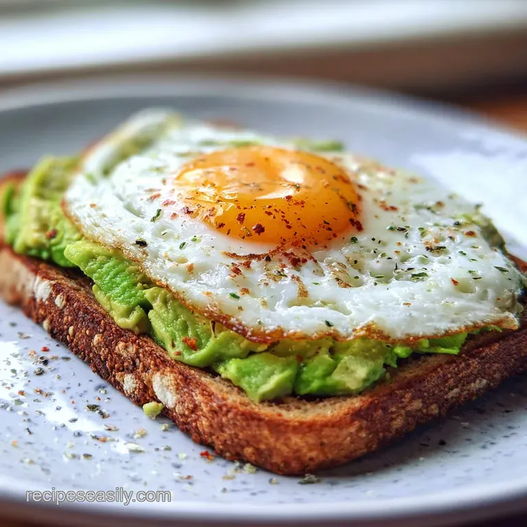 Elevated avocado toast: creamy avocado, sunny-side up egg with runny yolk, microgreens, and cracked pepper on dark wood su...