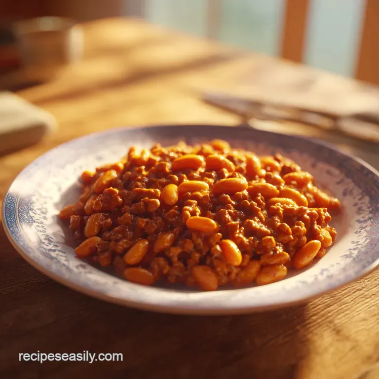 A bubbling portion of baked beans served in a rustic cast-iron pot, topped with fresh green herbs.