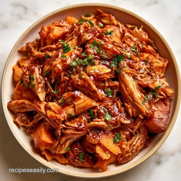 Baked orange sweet potatoes topped with tender shredded meat in a rich glaze, served on a clean white ceramic plate.