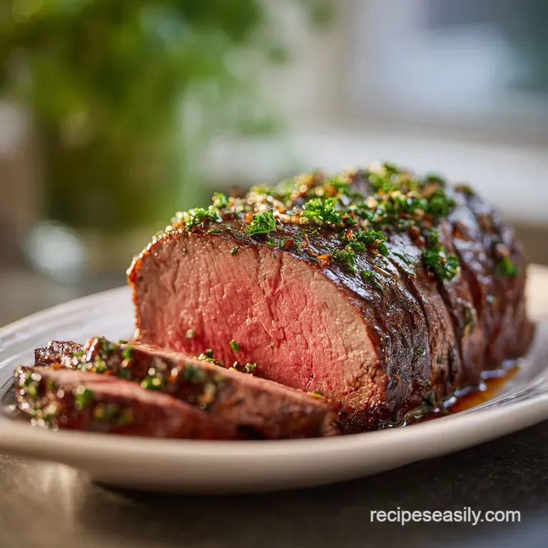 Perfectly sliced beef tenderloin, rosy pink inside, arranged elegantly with vibrant green asparagus spears and creamy, gol...