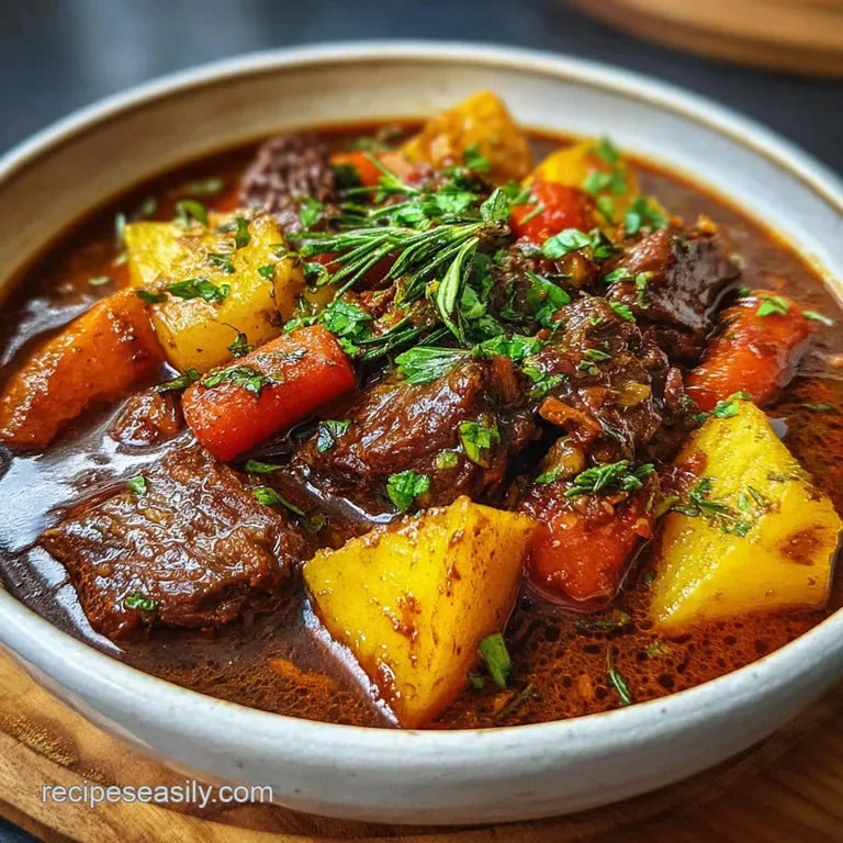 A generous spoonful of glistening beef stew, showcasing tender meat and vegetables, elegantly plated with a sprinkle of pa...