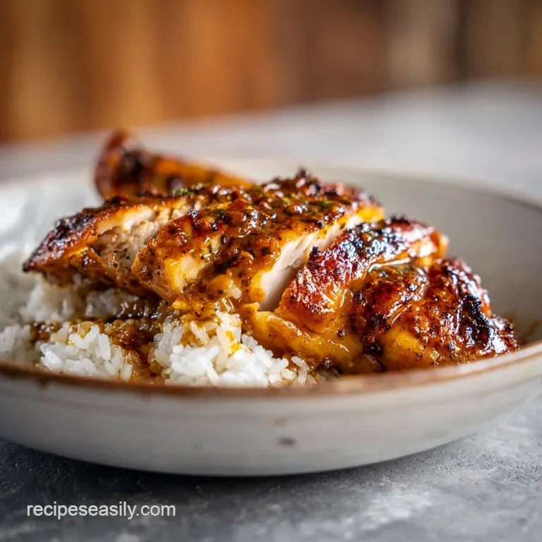 Plated Pollo a la Brasa: Dark, crispy chicken quarter atop fluffy rice, served with a creamy, pale green sauce and fresh h...