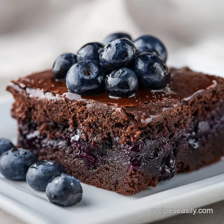A square slice of moist chocolate cake topped with fresh berries and a dusting of powdered sugar on a white ceramic plate.