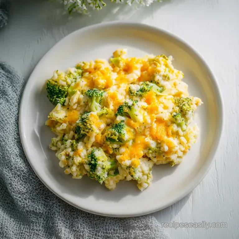Individual serving of broccoli rice casserole on a white plate. The creamy sauce glistens, studded with bright green florets.